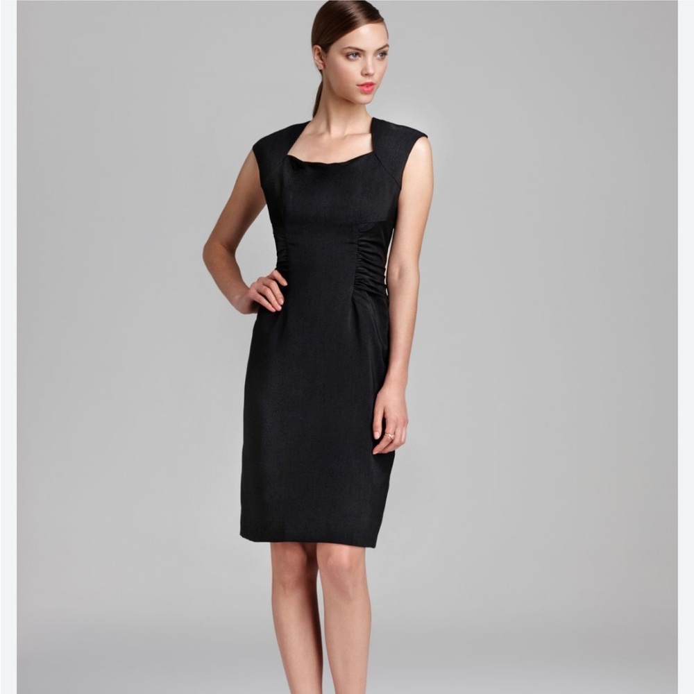 Adrianna Papell 2 sheath cinch black dress little LBD cowl XS small sleeveless